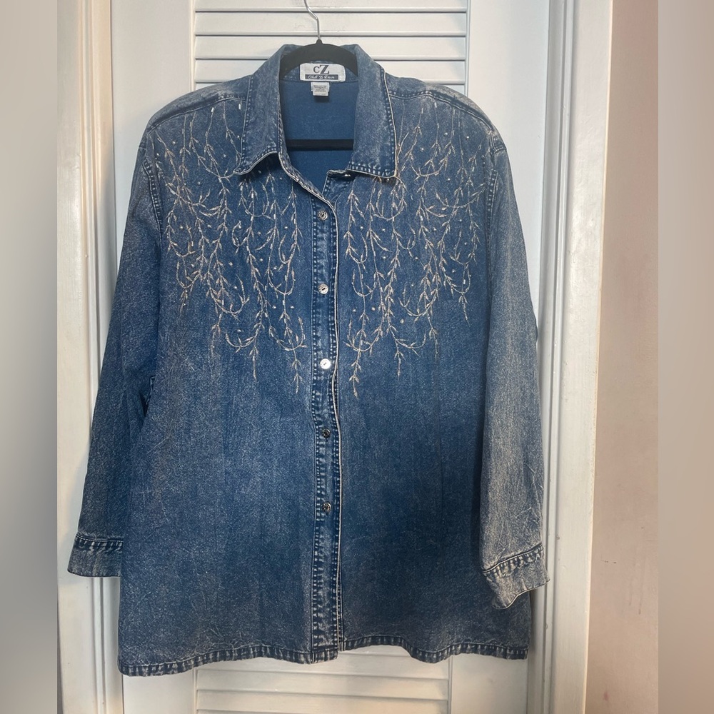 Club Z Denim Vintage 80s 90s Embroidered Denim Shirt w/Accent Beading Size 1XL
